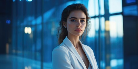 Obraz premium Woman in a white jacket stands in front of a window. She has a serious expression on her face