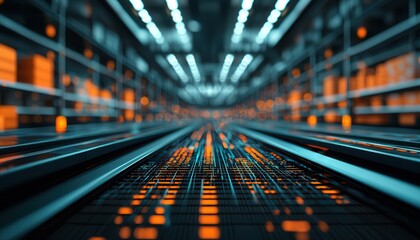 A futuristic view of a data center with illuminated pathways, showcasing technology and networks in a dynamic, digital environment.