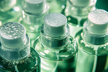 Green plastic skincare bottles with detailed caps under glowing light, reflective surfaces.