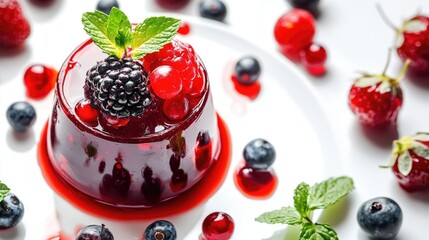 Dessert with berries and mint leaves on top. The dessert is a blackberry pie with a mint leaf garnish