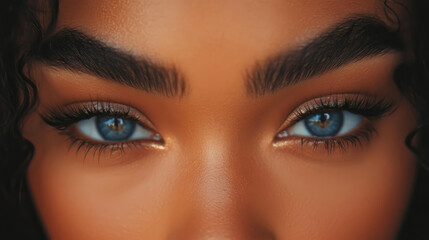 Obraz premium Close-up of a woman with intense blue eyes and arched eyebrows, dramatic lighting. 