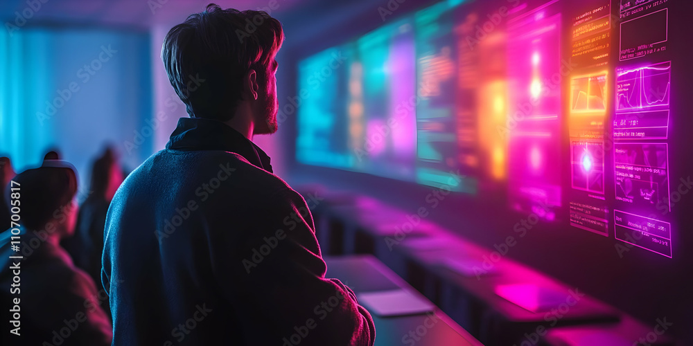 Poster A person observes colorful data displays in a futuristic tech environment.