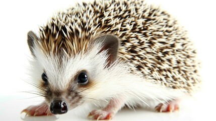 Obraz premium White and brown hedgehog with a black nose and brown eyes. It is standing on a white surface
