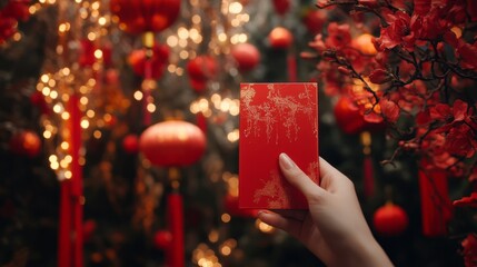 Traditional Red Envelope Held Up in Hand Against Festive Background