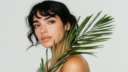 A young Hispanic woman holding a green palm leaf, with dark curly hair and a bright natural smile against a white background.