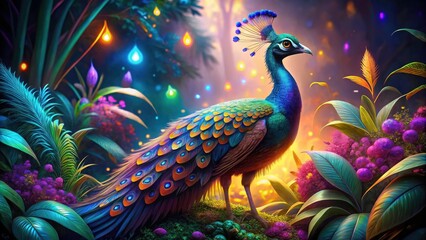 Neon Peacock Jungle Night: Closeup Colorful Bird Digital Art