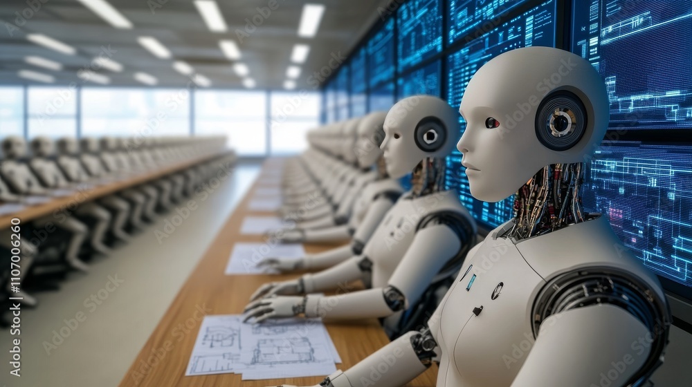 Poster futuristic robotics lab with humanoid robots in assembly