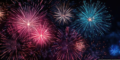 Fototapeta premium Fireworks display with a blue and red firework in the middle. The fireworks are in the sky and are very colorful