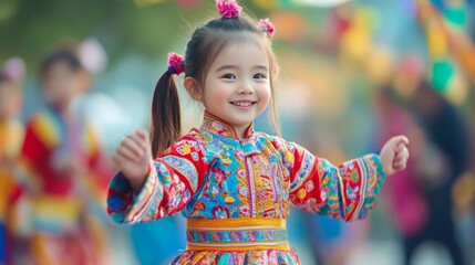 Fototapeta premium Joyful Little Girl in Colorful Traditional Dress with Pigtails