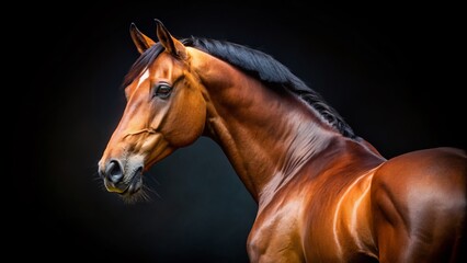 Fototapeta premium Majestic Bay Horse Portrait Captured in Stunning Detail Against a Black Background, Showcasing the Beauty and Grace of Equine Nature in Landscape Photography