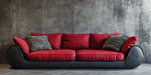 Red couch with black cushions sits in front of a wall. The couch is the main focus of the image, and it is the centerpiece of the room. The red color of the couch creates a warm