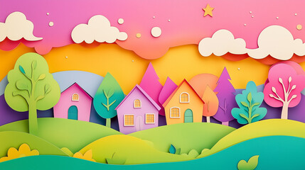 Naklejka premium Forest Scene in Paper Cut Style with Bright Colors and Vibrant Details 