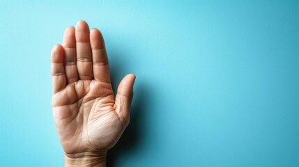 Hand is raised in the air with the fingers spread out. The hand is on a blue wall
