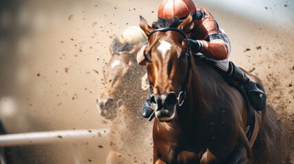 Horse is running in a race with a jockey on its back. The horse is covered in dirt and mud, and the jockey is wearing a red and black outfit. The scene is intense and exciting, as the horse