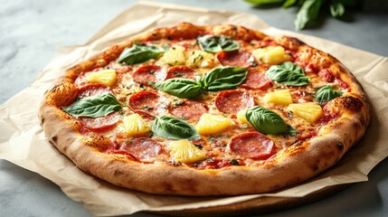 Pizza with pepperoni and basil on top. The pizza is sitting on a paper plate. The pizza is brown and has a crispy crust
