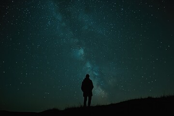 Fototapeta premium Person stands alone on a hill at night, looking up at the stars. The sky is dark and filled with stars, creating a sense of wonder and awe. The person appears to be lost in thought