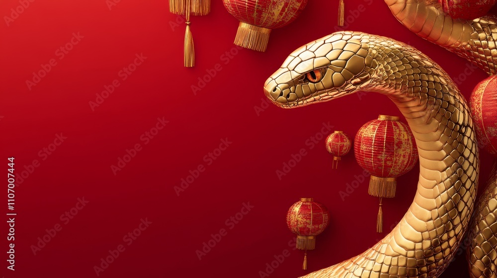 Poster artistic golden snake against deep red background with lanterns