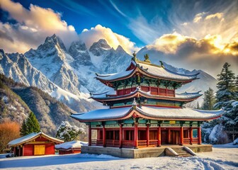 Fototapeta premium Majestic Chinese Temple Nestled Amongst Snowy Mountains with Serene Landscape and Copy Space for Text Addition