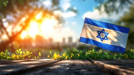 Blue and white flag with a star on it is flying in the air. The flag is of Israel