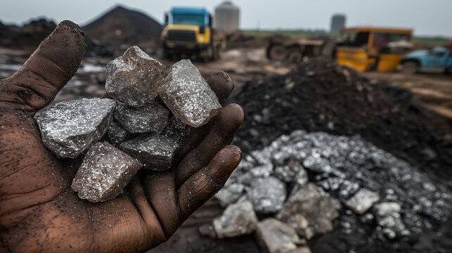 Hand holding chromite ore with mining equipment in background