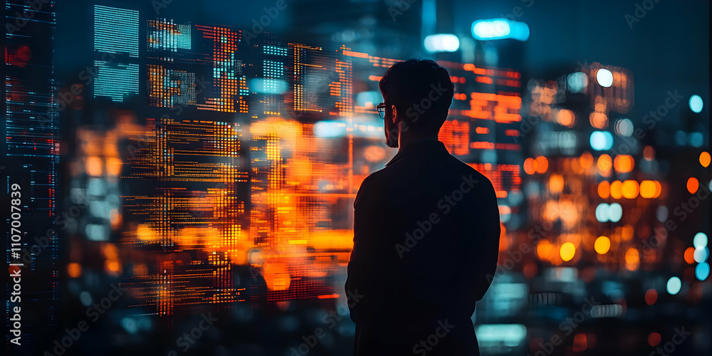 Poster A person gazes at a digital display of data against a cityscape backdrop.