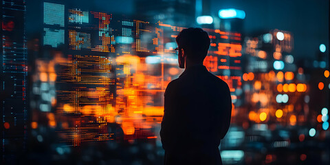 A person gazes at a digital display of data against a cityscape backdrop.