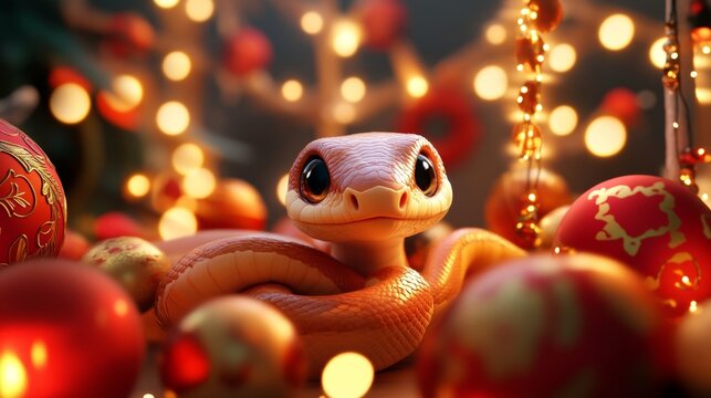 Playful Baby Snake Peeking Through a Colorful Holiday Decor