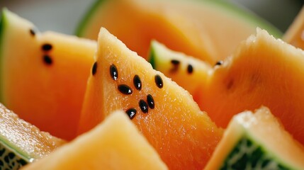Close up of a watermelon with black seeds. The watermelon is cut into slices and the seeds are visible