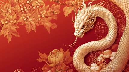 Obraz premium Delicate Illustration of a Golden Snake Intertwined with Flowers