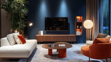 Modern living room featuring stylish furniture and decor elements.