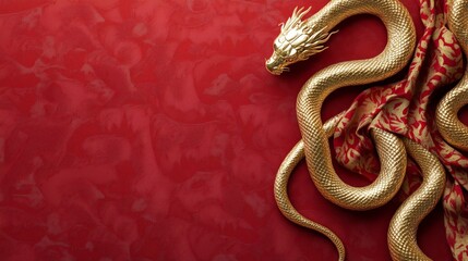 Obraz premium Golden Snake with Traditional Motifs on Red Background