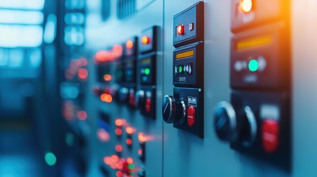 Close-up of control knobs and indicators on an energy distribution board, symbolizing precision in peak energy management, with copy space