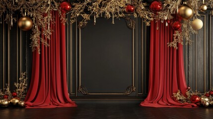 Elegant Red Drapery with Golden Decorations and Christmas Ornaments