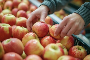 A close-up shot of hands picking fresh apples from a grocery store bin. The background features a soft blur, leaving the top portion of the image blank for text or advertising.