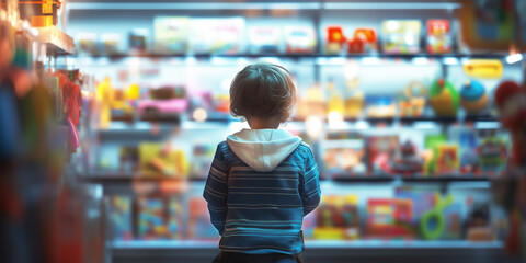 Fototapeta premium back view of little kid watching toys in supermarket shelves 