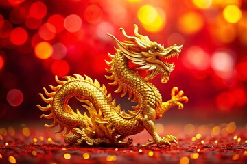 Fototapeta premium Majestic Golden Dragon Dancing Elegantly Against a Bold Red Background Captured with Tilt-Shift Photography for a Unique Perspective and Captivating Visual Appeal
