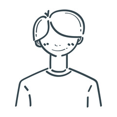 Smiling Boy in Line Art: A simple and minimalist line drawing of a happy young boy, perfect for illustrations, avatars, and branding. This clean design evokes a sense of youthfulness, positivity.