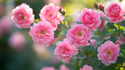 Fototapeta premium Vibrant background of lush pink roses in full bloom with detailed petals and rich colors