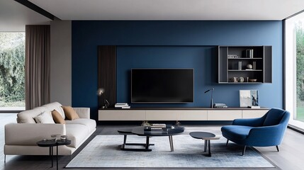 Modern living room with stylish furniture and a blue accent wall.