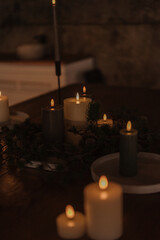 New Year's atmosphere, warm and cozy, bokeh of garlands, free space for letter, selective focus