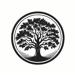 Stylized black tree within a circular design.
