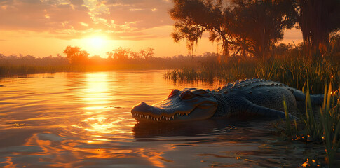A serene sunset over a river with an alligator resting on the bank.