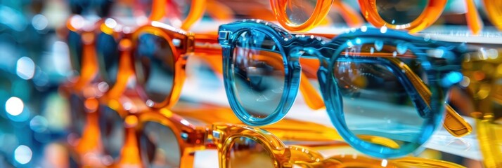 A vibrant display of colorful sunglasses in orange and blue, showcasing stylish eyewear options for sunny days.