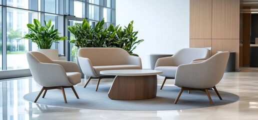 Modern lounge area with comfortable seating and plants for relaxation.