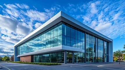 Obraz premium Modern Glass Building Under a Blue Sky