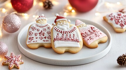 Obraz premium Christmas sweater cookies featuring chaotic icing designs with snowflakes, festive trees, and jolly faces of Santa, all in bright holiday hues