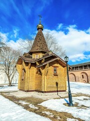 Small wooden chapel  on the territory of the Novgorod Kremlin in Nizhny Novgorod. Russia