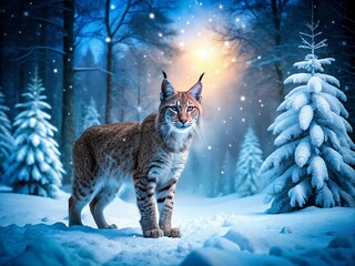 Majestic Lynx Roaming Through a Snowy Forest Under Moonlight at Night - Winter Wildlife Photography of a Lynx in its Natural Habitat