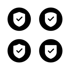 Shield with check mark icon set on black circle. Defense, security with checkmark sign symbol