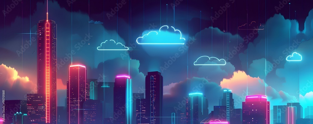 Aufkleber neon cityscape illuminated by cloud computing data streams